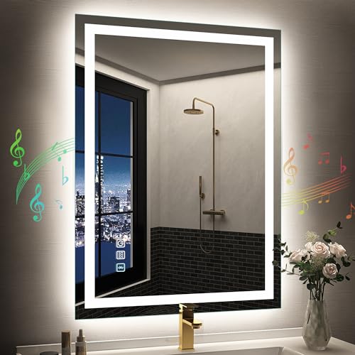 SBAGNO 24x32 LED-Bathroom-Mirror-with-Bluetooth Dimmable-Lighted-Bathroom-Vanity-Mirror-with-3-Colors,Backlit +