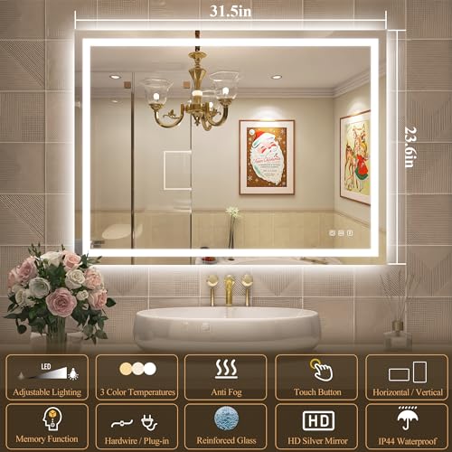 SBAGNO 24x32 LED-Bathroom-Mirror-with-Bluetooth Dimmable-Lighted-Bathroom-Vanity-Mirror-with-3-Colors，Backlit + view 2